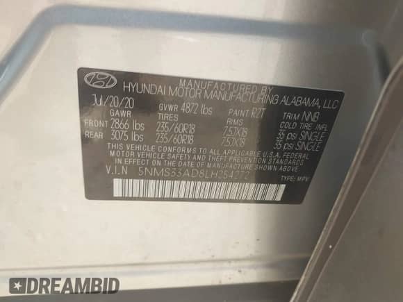 2020 Hyundai Santa Fe SEL z VIN 5NMS33AD8LH254272, wystawiony jako IAAI lot #43347441 z przebiegiem 79 618 mil mil oraz . Historia ofert i sprzedaży dostępna na DreamBid. Obrazek 9.