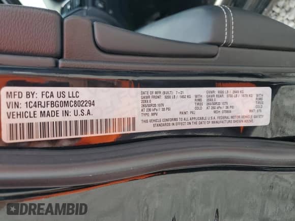 2021 Jeep Grand Cherokee Limited X with VIN 1C4RJFBG0MC802294, listed as a Copart auction lot 61216005 with 43,832 mi miles and Salvage title. Bid and sale history available at DreamBid. Image 12.