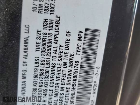 2019 Honda Odyssey EX with VIN 5FNRL6H54KB051748, listed as a Copart auction lot 68998505 with 76,571 mi miles and Clean title. Bid and sale history available at DreamBid. Image 13.