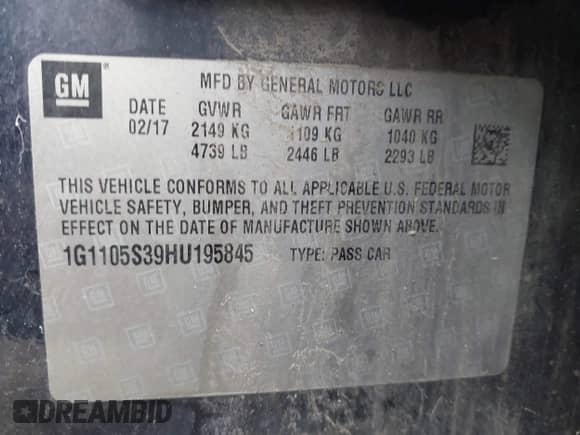 2017 Chevrolet Impala LT with VIN 1G1105S39HU195845, listed as a IAAI auction lot 43157829 with 176,712 mi miles and . Bid and sale history available at DreamBid. Image 9.