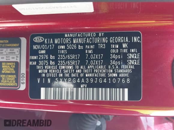 2018 Kia Sorento L with VIN 5XYPG4A39JG410768, listed as a IAAI auction lot 42755829 with 87,647 mi miles and . Bid and sale history available at DreamBid. Image 9.