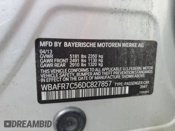 2013 BMW 5 Series 535i с VIN WBAFR7C56DC827857, выставлен на аукционе Copart как лот 59430845 с пробегом 135 558 миль миль и Списание • Salvage title. История ставок и продаж доступна на DreamBid. Изображение 12.