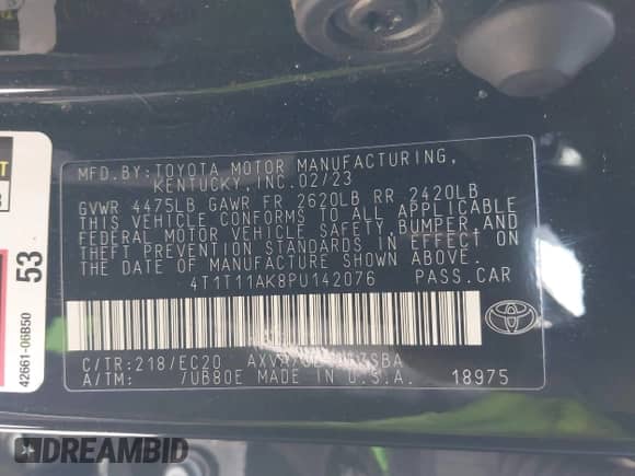 2023 Toyota Camry SE с VIN 4T1T11AK8PU142076, выставлен на аукционе IAAI как лот 42455371 с пробегом 48 856 миль миль и . История ставок и продаж доступна на DreamBid. Изображение 9.