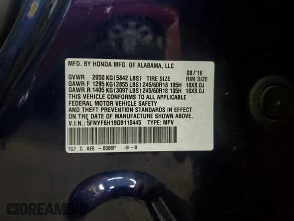 2016 Honda Pilot LX z VIN 5FNYF6H19GB110445, wystawiony jako Copart lot #84265045 z przebiegiem 156 601 mil mil oraz Czysty tytuł • Clean title. Historia ofert i sprzedaży dostępna na DreamBid. Obrazek 13.