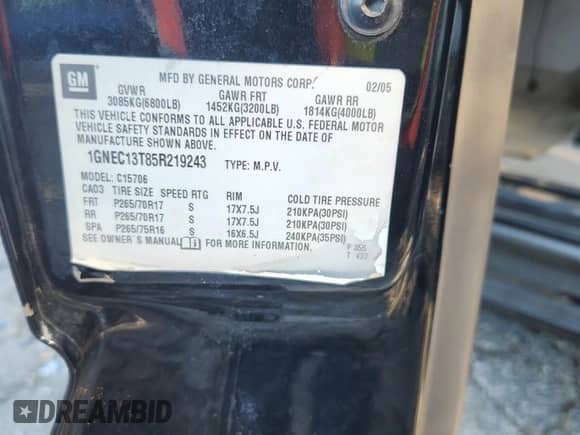 2005 Chevrolet Tahoe LT с VIN 1GNEC13T85R219243, выставлен на аукционе Copart как лот 66396395 с пробегом 298 084 миль миль и Списание • Salvage title. История ставок и продаж доступна на DreamBid. Изображение 12.