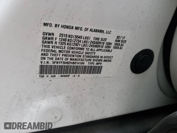 2017 Honda Pilot EX-L with VIN 5FNYF5H82HB014164, listed as a Copart auction lot 83812784 with 94,673 mi miles and Salvage title. Bid and sale history available at DreamBid. Image 13.