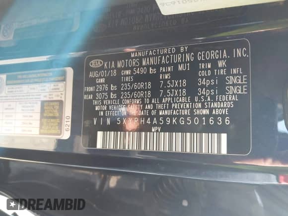 2019 Kia Sorento EX z VIN 5XYPH4A59KG501636, wystawiony jako IAAI lot #43186890 z przebiegiem 92 325 mil mil oraz . Historia ofert i sprzedaży dostępna na DreamBid. Obrazek 9.