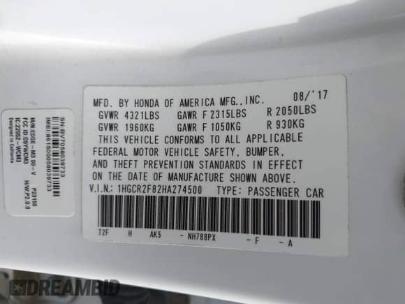 2017 Honda Accord EX-L with VIN 1HGCR2F82HA274500, listed as a IAAI auction lot 42664187 with 92,881 mi miles and . Bid and sale history available at DreamBid. Image 9.