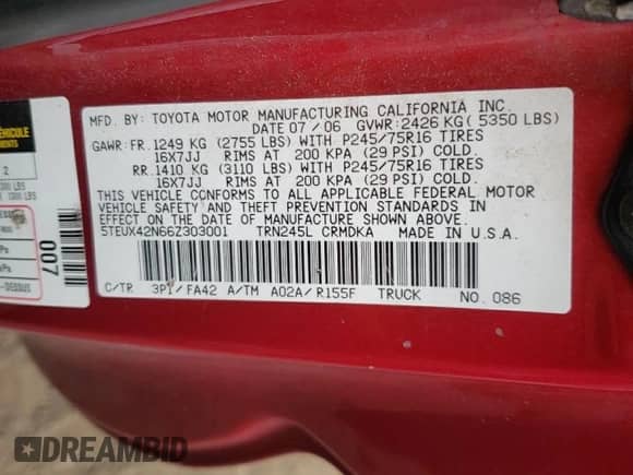 2006 Toyota Tacoma with VIN 5TEUX42N66Z303001, listed as a Copart auction lot 90533285 with 199,426 mi miles and Clean title. Bid and sale history available at DreamBid. Image 12.