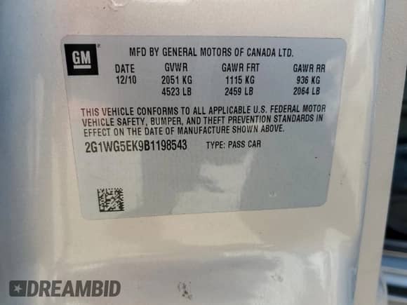 2011 Chevrolet Impala LT Fleet с VIN 2G1WG5EK9B1198543, выставлен на аукционе Copart как лот 82381833 с пробегом 229 948 миль миль и Списание • Salvage title. История ставок и продаж доступна на DreamBid. Изображение 13.