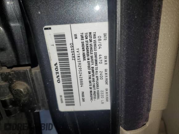 2005 Volvo S60 с VIN YV1RS592952428884, выставлен на аукционе Copart как лот 64216895 с пробегом 118 097 миль миль и Списание • Salvage title. История ставок и продаж доступна на DreamBid. Изображение 12.