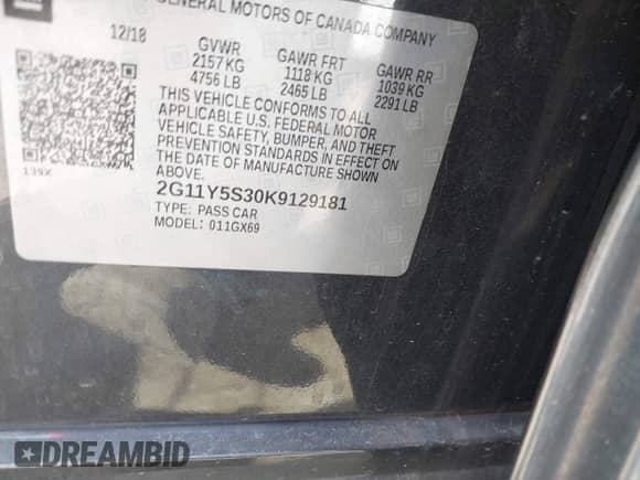 2019 Chevrolet Impala LS z VIN 2G11Y5S30K9129181, wystawiony jako IAAI lot #41840572 z przebiegiem 108 953 mil mil oraz . Historia ofert i sprzedaży dostępna na DreamBid. Obrazek 9.