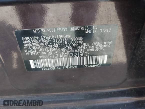 2012 Subaru Impreza Premium with VIN JF1GPAD65CG219603, listed as a IAAI auction lot 42477816 with 136,184 mi miles and . Bid and sale history available at DreamBid. Image 9.