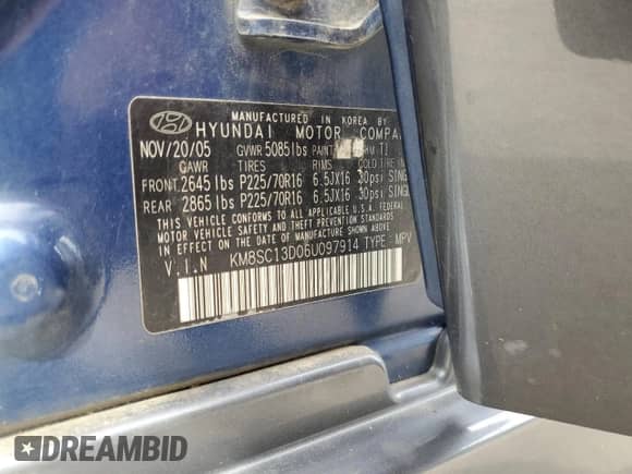 2006 Hyundai Santa Fe GLS with VIN KM8SC13D06U097914, listed as a Copart auction lot 81061695 with 178,844 mi miles and Clean title. Bid and sale history available at DreamBid. Image 13.