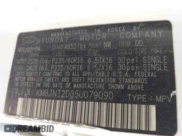 2005 Hyundai Tucson GLS с VIN KM8JN12D35U079090, выставлен на аукционе IAAI как лот 42909140 с пробегом 147 292 миль миль и . История ставок и продаж доступна на DreamBid. Изображение 9.