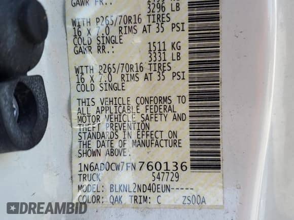 2015 Nissan Frontier SV with VIN 1N6AD0CW7FN760136, listed as a Copart auction lot 58114785 with 115,401 mi miles and Salvage title. Bid and sale history available at DreamBid. Image 13.
