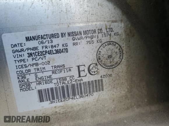 2014 Nissan Note SV with VIN 3N1CE2CP4EL360470, listed as a Copart auction lot 80289105 with 97,859 mi miles and Salvage title. Bid and sale history available at DreamBid. Image 12.