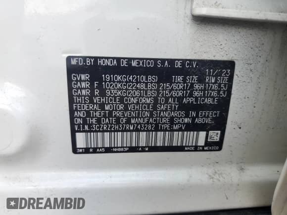 2024 Honda HR-V LX с VIN 3CZRZ2H37RM743282, выставлен на аукционе Copart как лот 68662365 с пробегом 25 770 миль миль и На запчасти • Non repairable. История ставок и продаж доступна на DreamBid. Изображение 14.