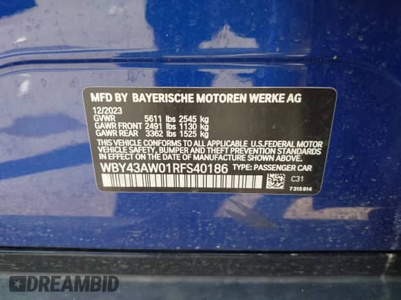 2024 BMW i4 eDrive35 with VIN WBY43AW01RFS40186, listed as a IAAI auction lot 42671776 with 17,942 mi miles and . Bid and sale history available at DreamBid. Image 9.