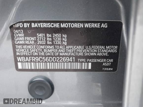 2013 BMW 5 Series 550i с VIN WBAFR9C56DD226941, выставлен на аукционе IAAI как лот 42984785 с пробегом 142 986 миль миль и . История ставок и продаж доступна на DreamBid. Изображение 9.