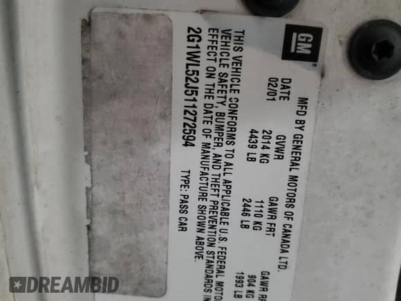 2001 Chevrolet Lumina с VIN 2G1WL52J511272594, выставлен на аукционе Copart как лот 46035155 с пробегом 193 834 миль миль и Списание • Salvage title. История ставок и продаж доступна на DreamBid. Изображение 14.