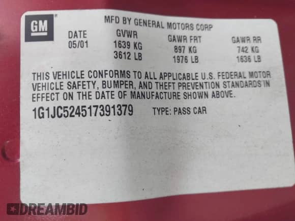 2001 Chevrolet Cavalier с VIN 1G1JC524517391379, выставлен на аукционе IAAI как лот 43471272 с пробегом 70 963 миль миль и . История ставок и продаж доступна на DreamBid. Изображение 9.