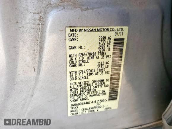 2011 Nissan Frontier SV с VIN 1N6AD0ER4BC447865, выставлен на аукционе Copart как лот 81673715 с пробегом 109 218 миль миль и Списание • Salvage title. История ставок и продаж доступна на DreamBid. Изображение 12.