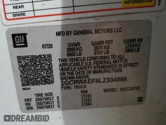 2020 Chevrolet Silverado 1500 Work Truck with VIN 1GCRWAEF8LZ334866, listed as a Copart auction lot 51625295 with 184,947 mi miles and Salvage title. Bid and sale history available at DreamBid. Image 12.