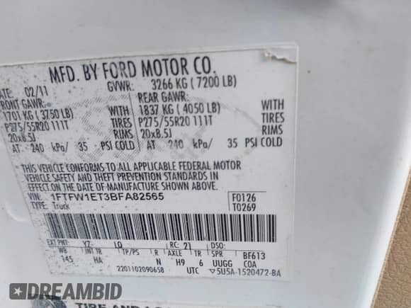 2011 Ford F-150 XLT z VIN 1FTFW1ET3BFA82565, wystawiony jako IAAI lot #42732777 z przebiegiem 361 824 mil mil oraz . Historia ofert i sprzedaży dostępna na DreamBid. Obrazek 9.