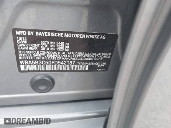 2015 BMW 5 Series 535i xDrive with VIN WBA5B3C50FD542187, listed as a IAAI auction lot 42896997 with 182,799 mi miles and . Bid and sale history available at DreamBid. Image 9.