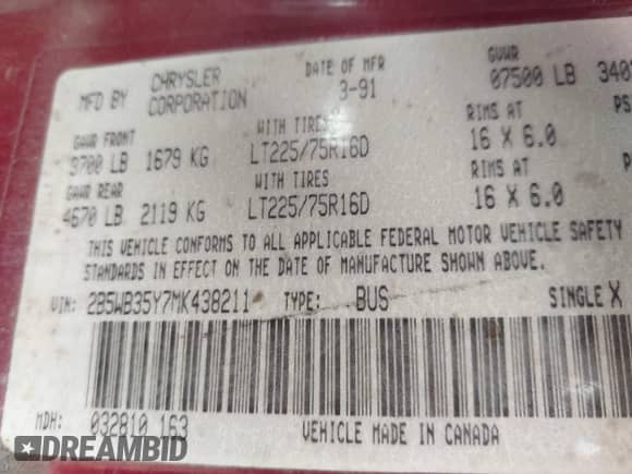 1991 Dodge RAM with VIN 2B5WB35Y7MK438211, listed as a IAAI auction lot 41767528 with 130,074 mi miles and . Bid and sale history available at DreamBid. Image 9.
