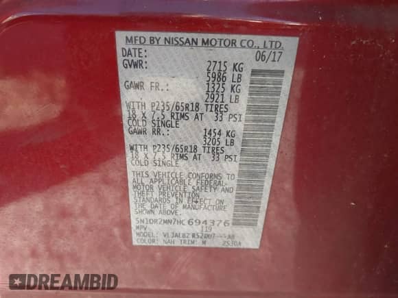 2017 Nissan Pathfinder S with VIN 5N1DR2MN7HC694376, listed as a IAAI auction lot 43472370 with 189,135 mi miles and . Bid and sale history available at DreamBid. Image 9.