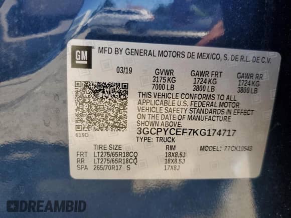 2019 Chevrolet Silverado 1500 Custom Trail Boss with VIN 3GCPYCEF7KG174717, listed as a Copart auction lot 68939205 with 81,796 mi miles and Salvage title. Bid and sale history available at DreamBid. Image 12.