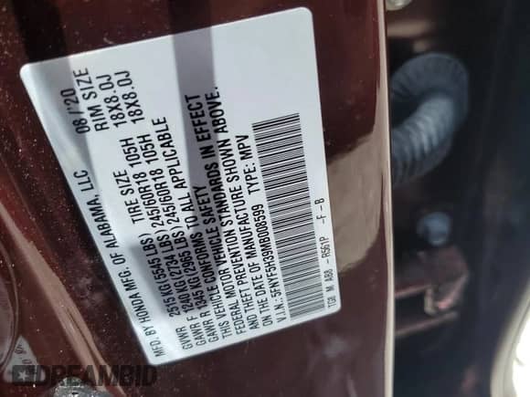 2021 Honda Pilot EX with VIN 5FNYF5H39MB008599, listed as a Copart auction lot 67192165 with 38,894 mi miles and Salvage title. Bid and sale history available at DreamBid. Image 13.