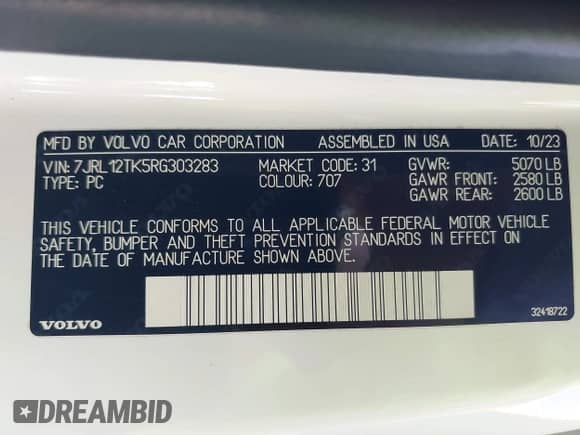 2024 Volvo S60 Core Dark Theme с VIN 7JRL12TK5RG303283, выставлен на аукционе IAAI как лот 41793328 с пробегом 22 498 миль миль и . История ставок и продаж доступна на DreamBid. Изображение 9.