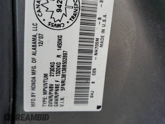 2008 Honda Odyssey with VIN 5FNRL38138B502897, listed as a Copart auction lot 81225005 with 229,405 mi miles and Salvage title. Bid and sale history available at DreamBid. Image 13.