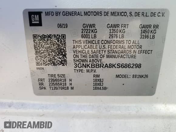 2019 Chevrolet Blazer with VIN 3GNKBBRA8KS686298, listed as a Copart auction lot 66190775 with 72,207 mi miles and Salvage title. Bid and sale history available at DreamBid. Image 13.