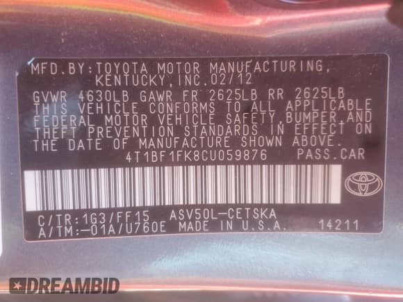 2012 Toyota Camry XLE с VIN 4T1BF1FK8CU059876, выставлен на аукционе Copart как лот 86326535 с пробегом 144 945 миль миль и Списание • Salvage title. История ставок и продаж доступна на DreamBid. Изображение 12.