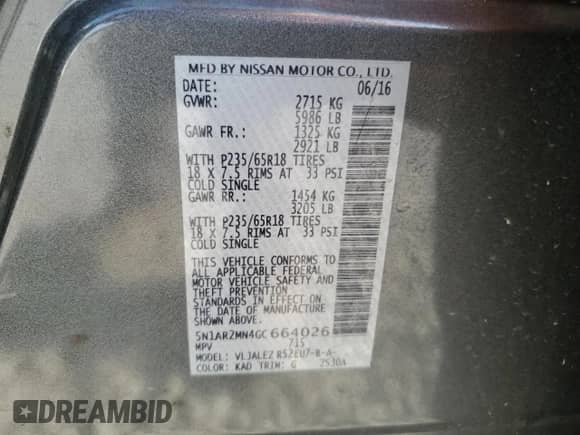 2016 Nissan Pathfinder S with VIN 5N1AR2MN4GC664026, listed as a Copart auction lot 81436225 with 89,690 mi miles and Salvage title. Bid and sale history available at DreamBid. Image 14.