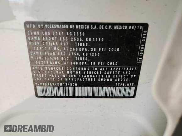 2019 Volkswagen Tiguan S с VIN 3VV1B7AX4KM174500, выставлен на аукционе Copart как лот 87199655 с пробегом 14 418 миль миль и Списание • Salvage title. История ставок и продаж доступна на DreamBid. Изображение 13.