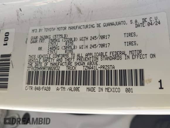 2024 Toyota Tacoma SR с VIN 3TYKD5HN9RT002032, выставлен на аукционе IAAI как лот 41640216 с пробегом 6 144 миль миль и . История ставок и продаж доступна на DreamBid. Изображение 9.