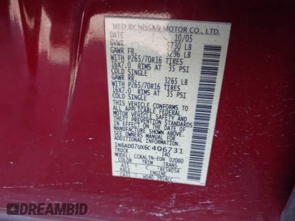 2006 Nissan Frontier LE with VIN 1N6AD07UX6C406731, listed as a IAAI auction lot 41551480 with 103,488 mi miles and . Bid and sale history available at DreamBid. Image 9.