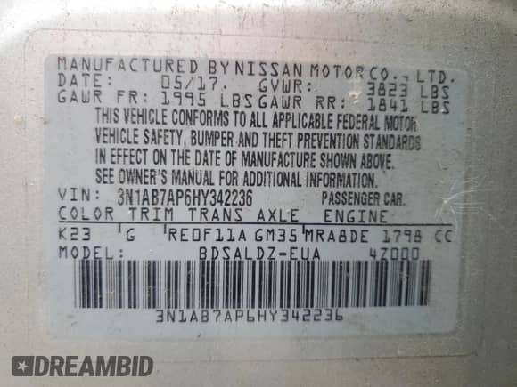 2017 Nissan Sentra SR with VIN 3N1AB7AP6HY342236, listed as a Copart auction lot 89923555 with 139,063 mi miles and Clean title. Bid and sale history available at DreamBid. Image 12.