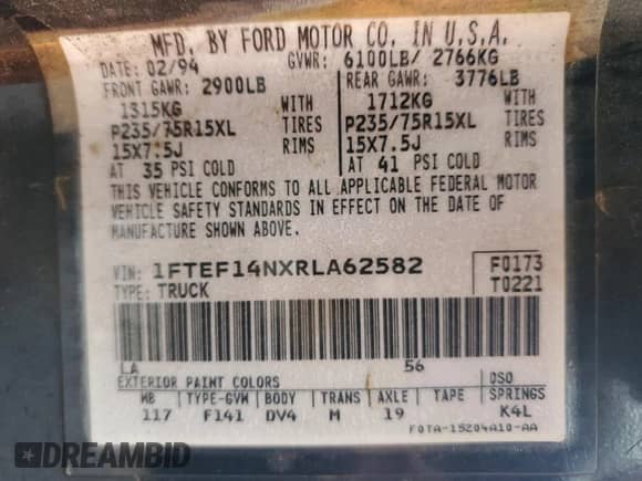 1994 Ford F-150 z VIN 1FTEF14NXRLA62582, wystawiony jako Copart lot #52379715 z przebiegiem 176 792 mil mil oraz Szkoda całkowita • Salvage title. Historia ofert i sprzedaży dostępna na DreamBid. Obrazek 15.