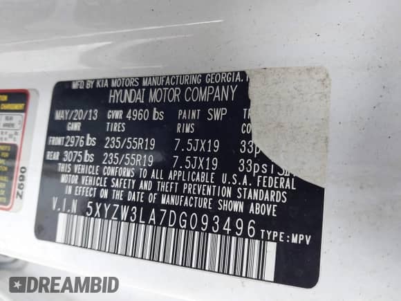 2013 Hyundai Santa Fe Sport with VIN 5XYZW3LA7DG093496, listed as a IAAI auction lot 41645812 with Not provided miles and . Bid and sale history available at DreamBid. Image 9.