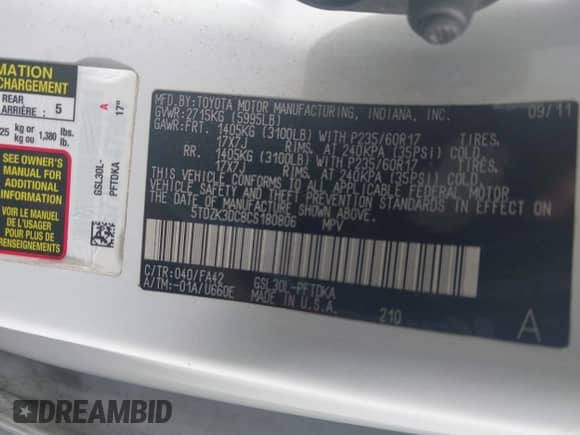 2012 Toyota Sienna with VIN 5TDZK3DC8CS180806, listed as a IAAI auction lot 42401264 with 201,007 mi miles and . Bid and sale history available at DreamBid. Image 9.