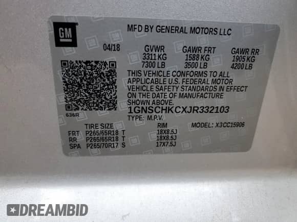 2018 Chevrolet Suburban LT z VIN 1GNSCHKCXJR332103, wystawiony jako Copart lot #82861393 z przebiegiem 143 607 mil mil oraz . Historia ofert i sprzedaży dostępna na DreamBid. Obrazek 13.