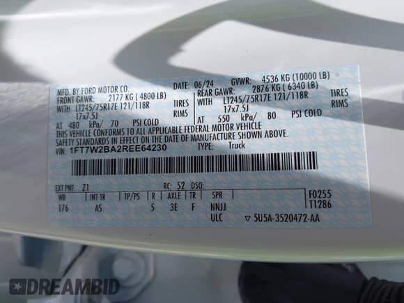 2024 Ford F-250 XL z VIN 1FT7W2BA2REE64230, wystawiony jako IAAI lot #42290431 z przebiegiem 2 992 mil mil oraz . Historia ofert i sprzedaży dostępna na DreamBid. Obrazek 9.