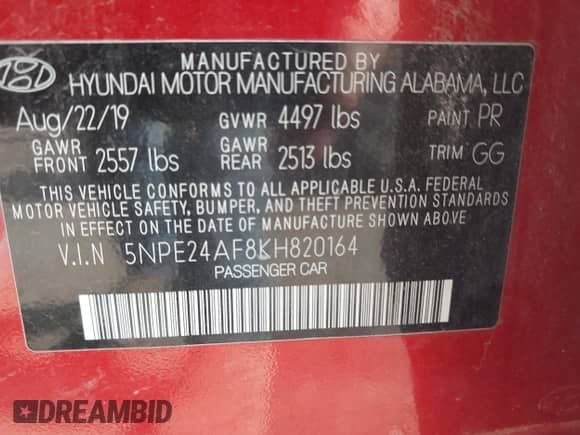 2019 Hyundai Sonata SE z VIN 5NPE24AF8KH820164, wystawiony jako IAAI lot #42459705 z przebiegiem 107 285 mil mil oraz . Historia ofert i sprzedaży dostępna na DreamBid. Obrazek 9.