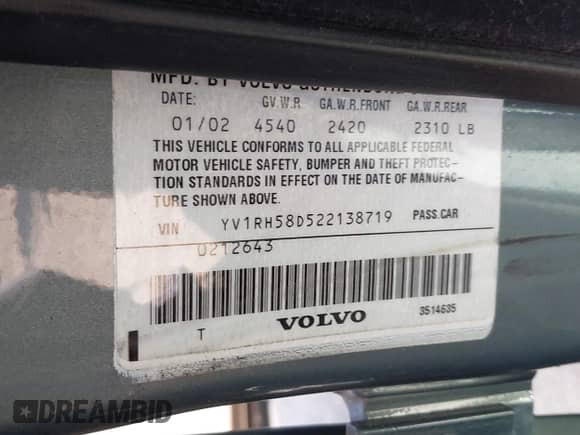 2002 Volvo S60 с VIN YV1RH58D522138719, выставлен на аукционе IAAI как лот 42410357 с пробегом 187 515 миль миль и . История ставок и продаж доступна на DreamBid. Изображение 9.